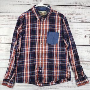 Vintage JNCO Crown Brand Flannel Button Up Plaid Shirt Blue Orange Men's Large